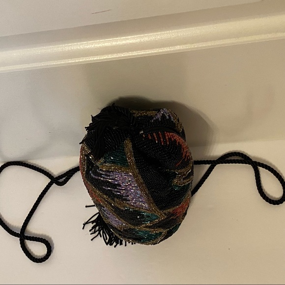 KAI-YIN LO BAG CROSSBODY ROLL SHOULDER BEADED BLACK GOLD LONG STRAP ZIP TOP MINI - Picture 9 of 12